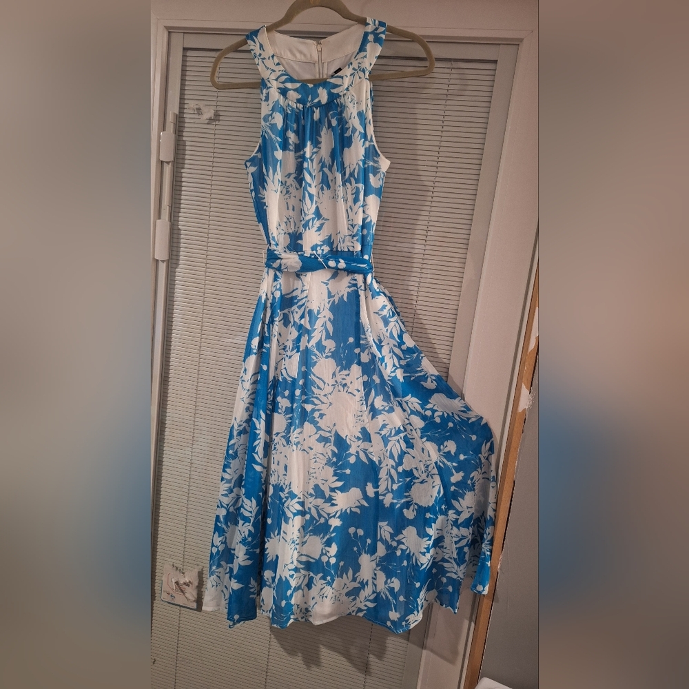 Chaps Blue and White Floral Maxi Dress with Belt